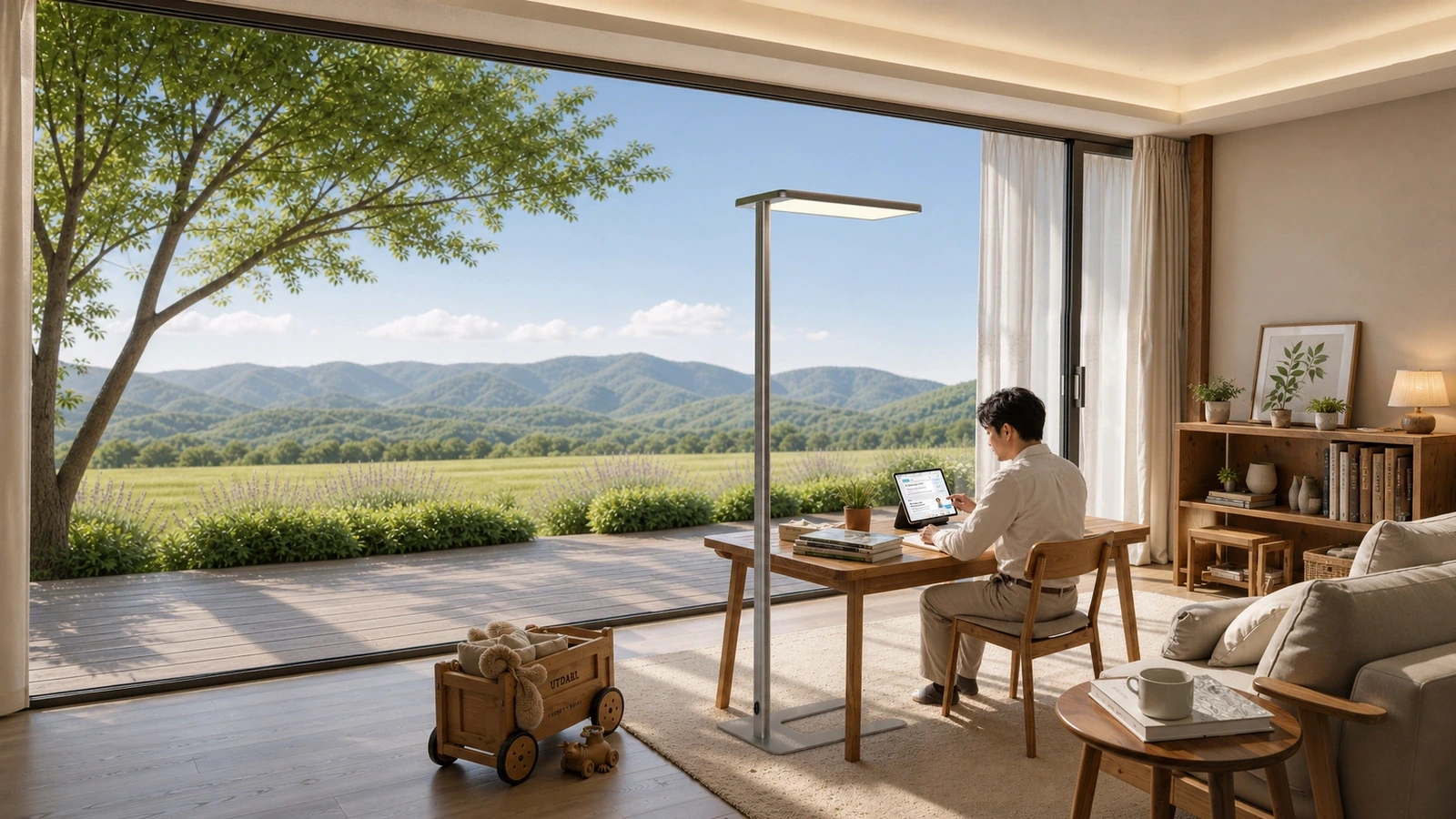 ZX-F0288 E3 floor lamp beside an adult working at a table by a large window