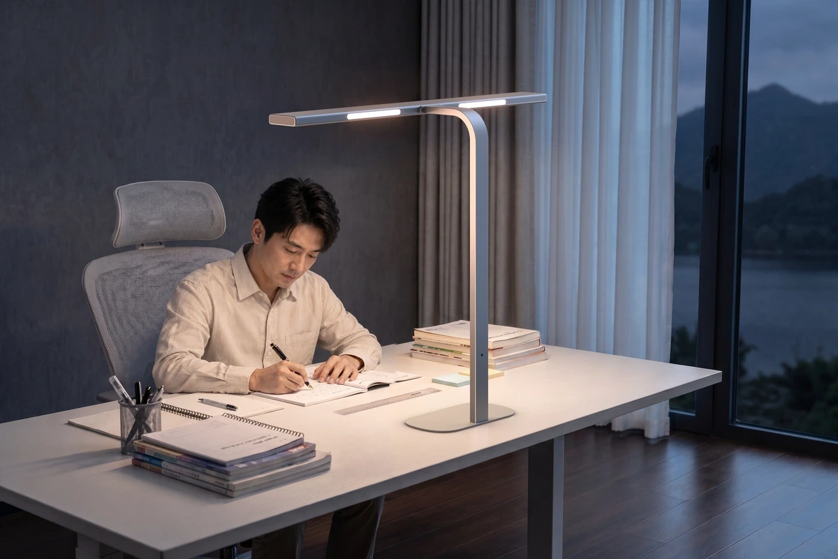 ZX-TC2 desk lamp illuminating a desk where an adult is writing