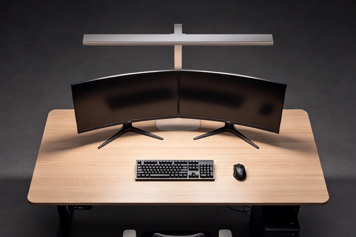 ZX-TC2 desk lamp above a dual-monitor workstation